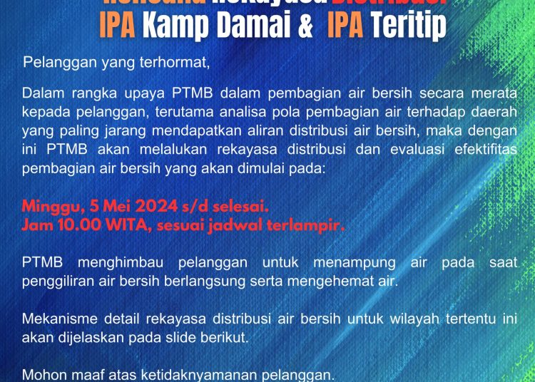 Ingat Jadwalnya ! PTMB Rekayasa Distribusi Air Bersih di Balikpapan